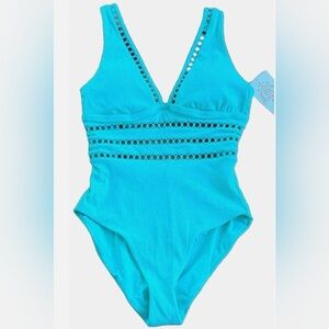 Becca One Piece Swimsuit Green Ribbed Cutout V Neck Size S NWT